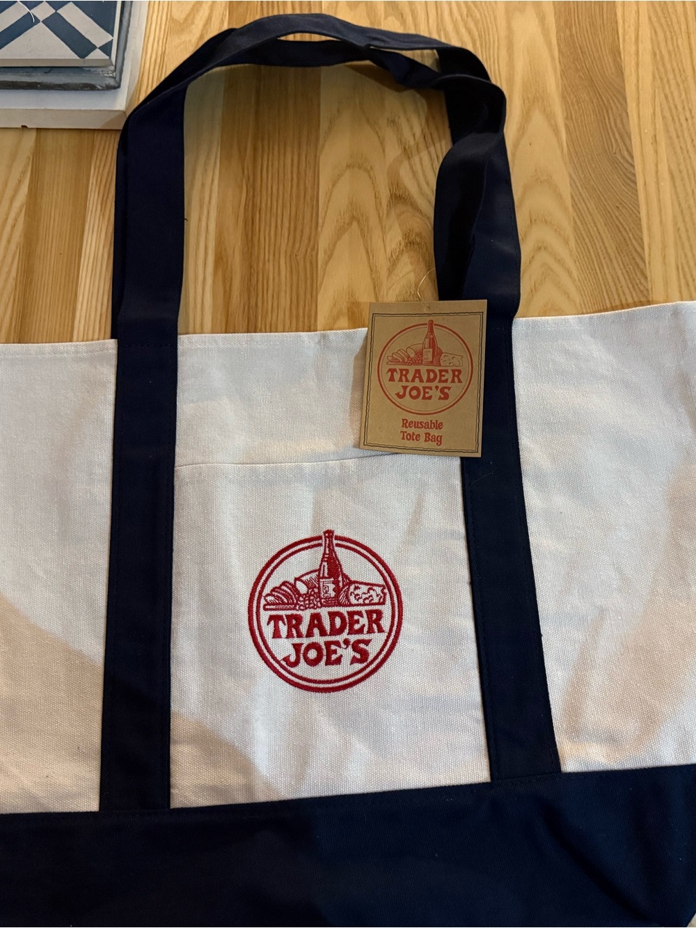 Trader Joe's Navy and White Reusable Canvas Tote Bag